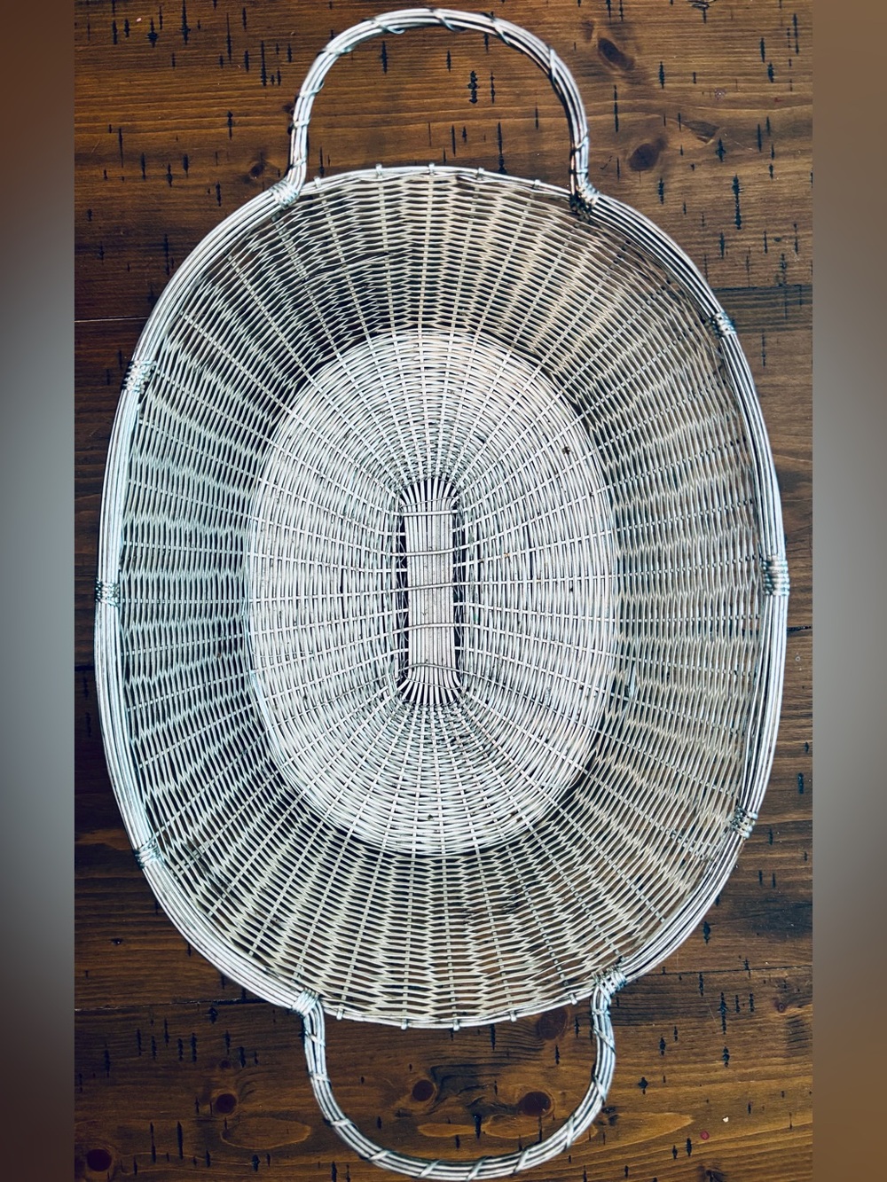 Beautifully Vintage Woven Silver Tone Rattan Oval Storage Basket with Handles -